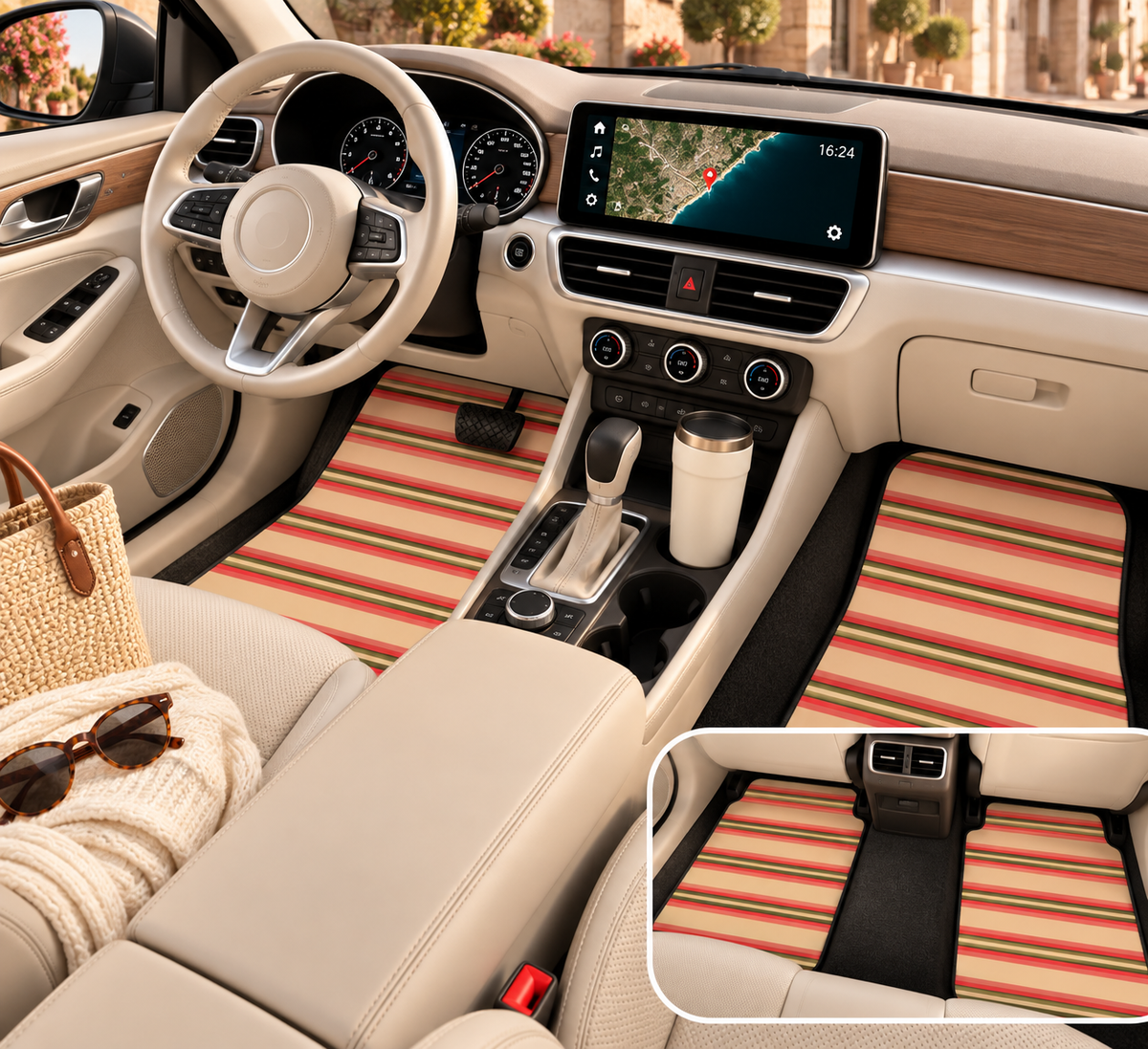 Pink stripe car mats shown in a car interior