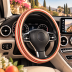 Pink stripe steering wheel cover shown in a car interior