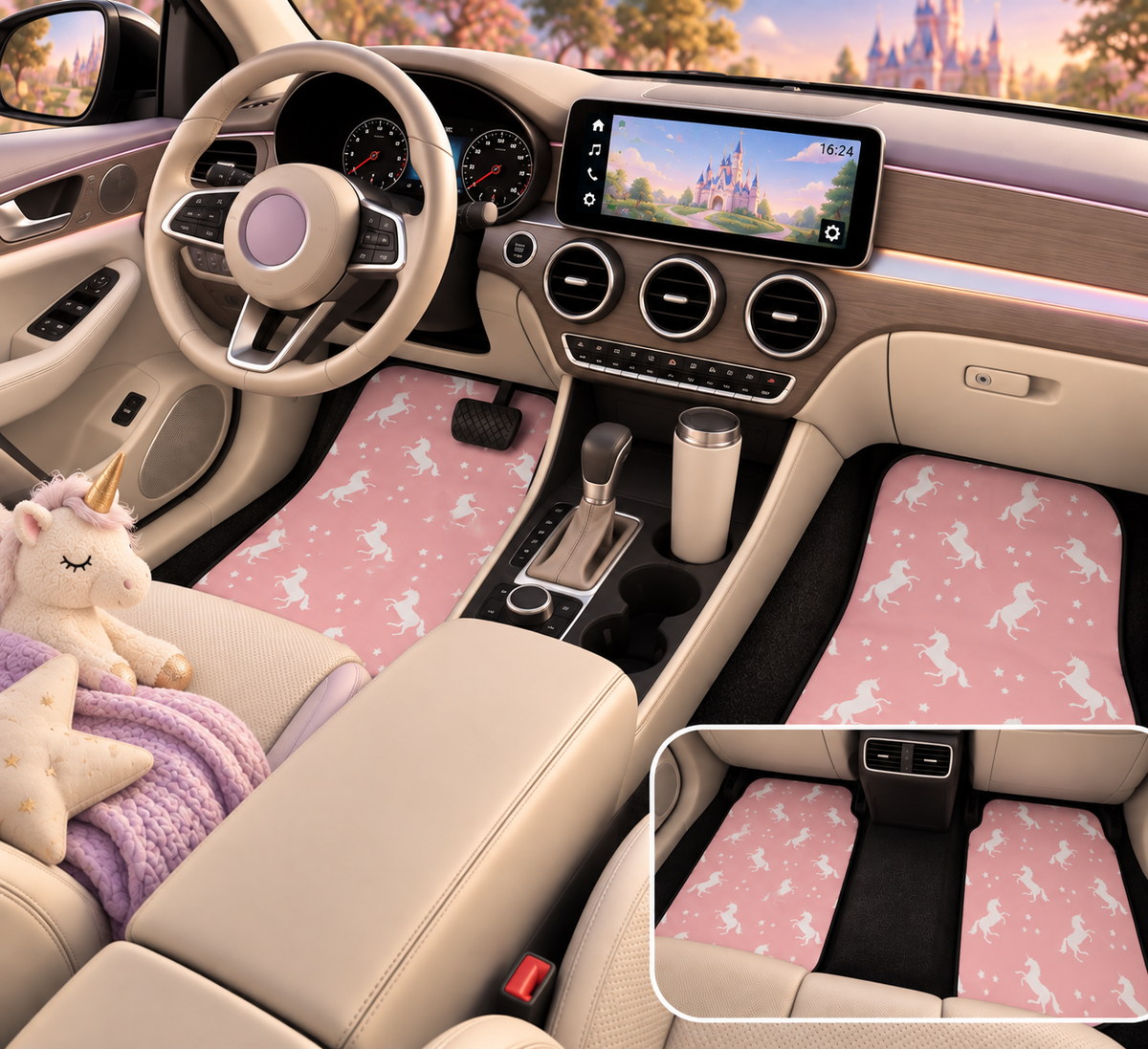 Pink unicorn car mats shown in a car interior