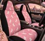 Pink unicorn car seat covers shown in a car interior
