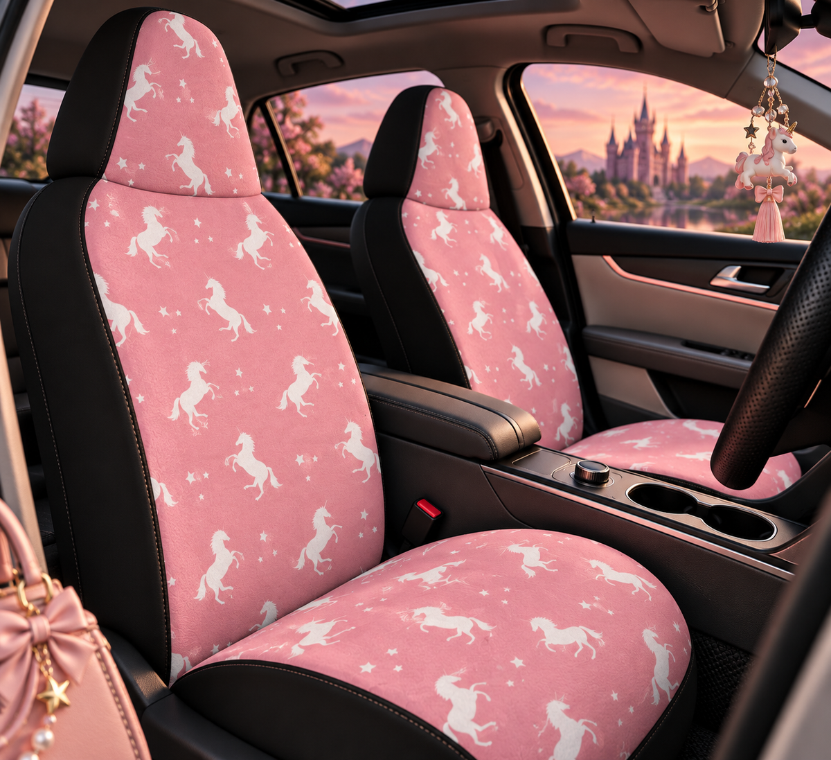Pink unicorn car seat covers shown in a car interior