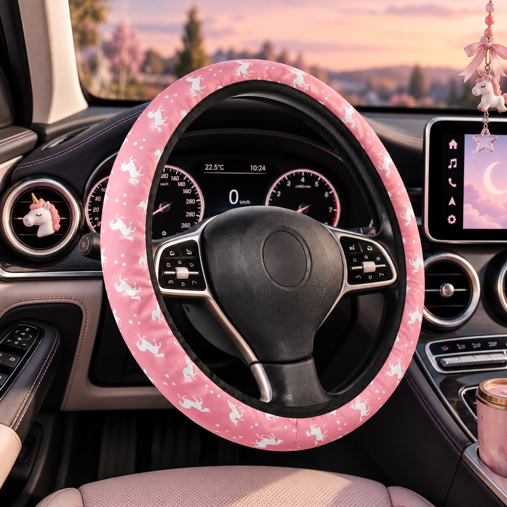 Pink unicorn steering wheel cover shown in a car interior