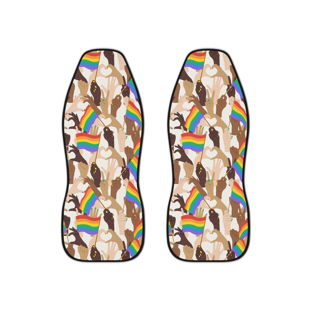 Pride flag hands car seat covers, set of two shown side by side