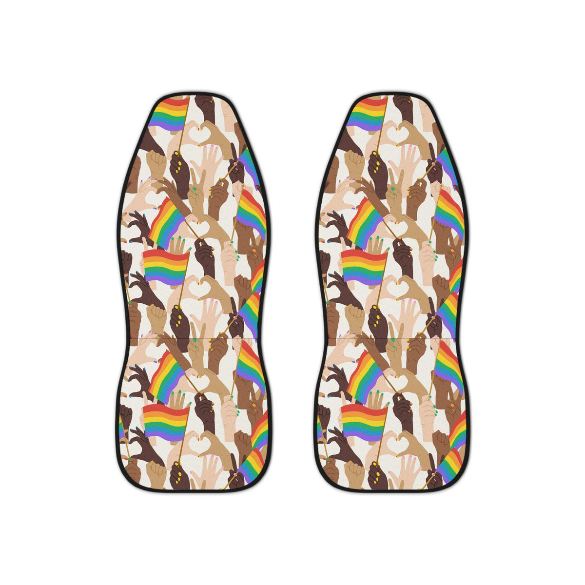 Pride flag hands car seat covers, set of two shown side by side