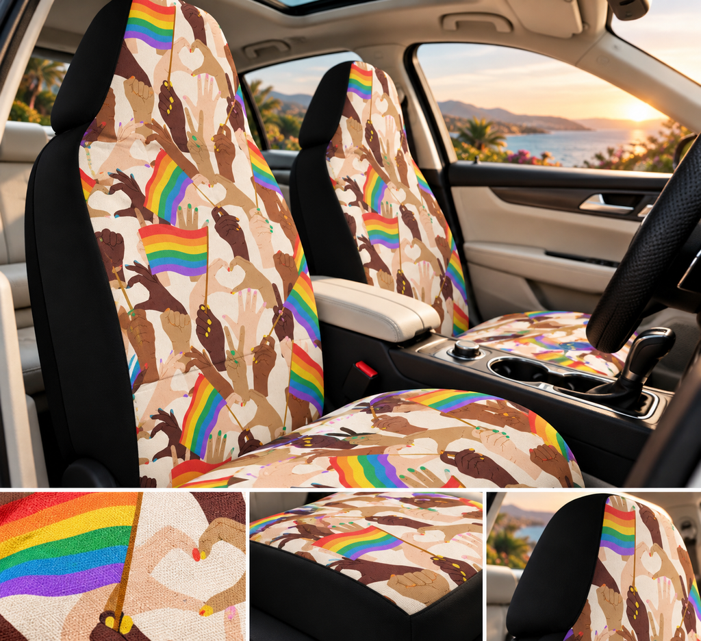 Pride flag hands car seat covers shown in a car interior