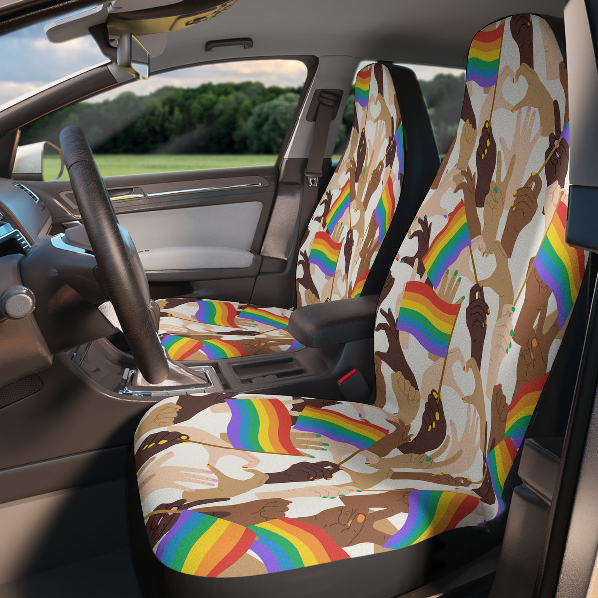 Pride flag hands car seat covers, fitted on the front seats of a car