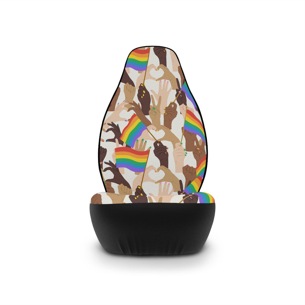 Pride flag hands car seat covers, single cover on a seat, front view