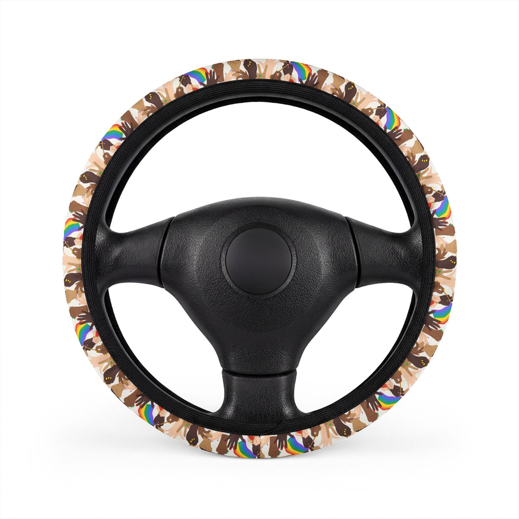 Pride flag hands steering wheel cover, front view
