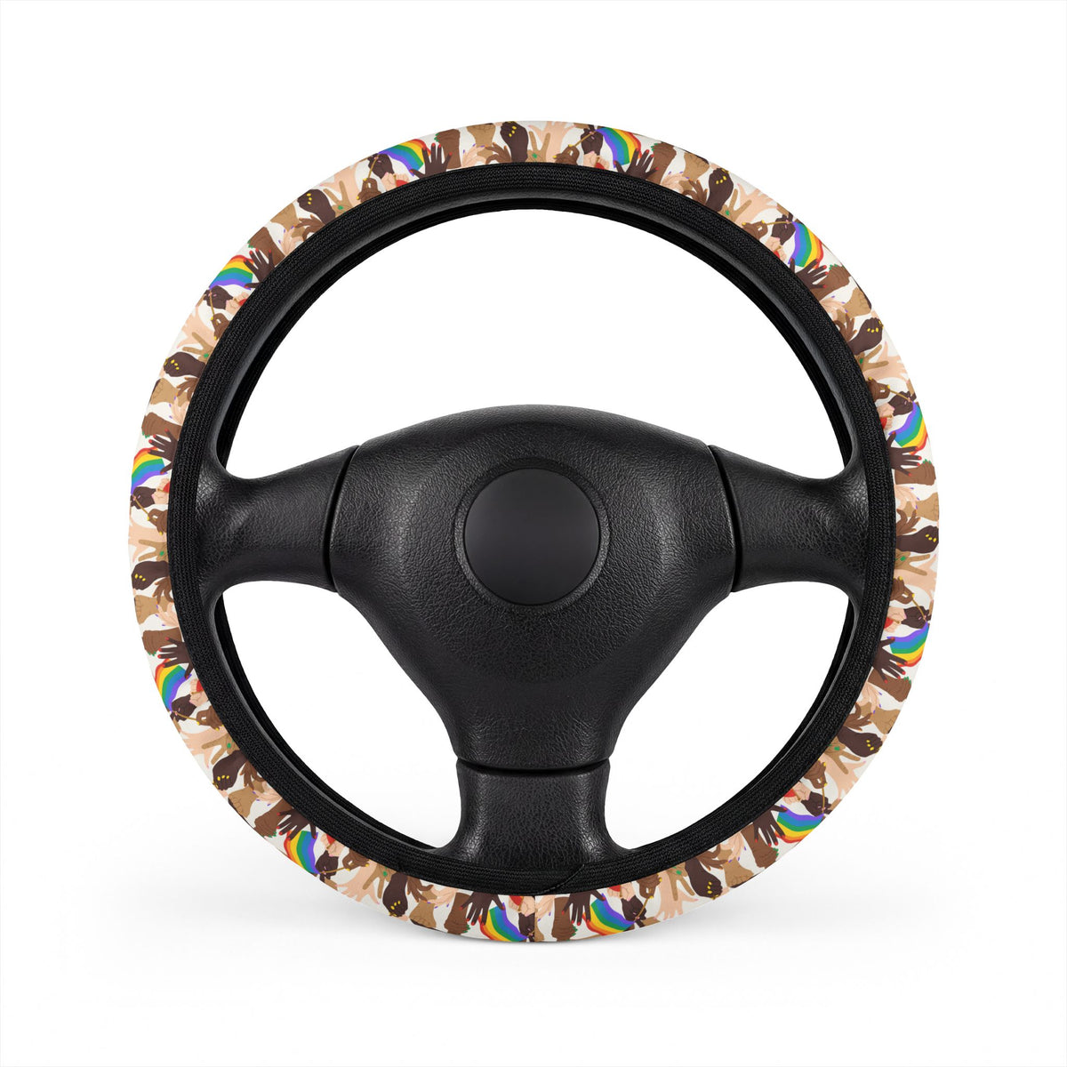 Pride flag hands steering wheel cover, front view