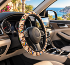 Pride flag hands steering wheel cover shown in a car interior