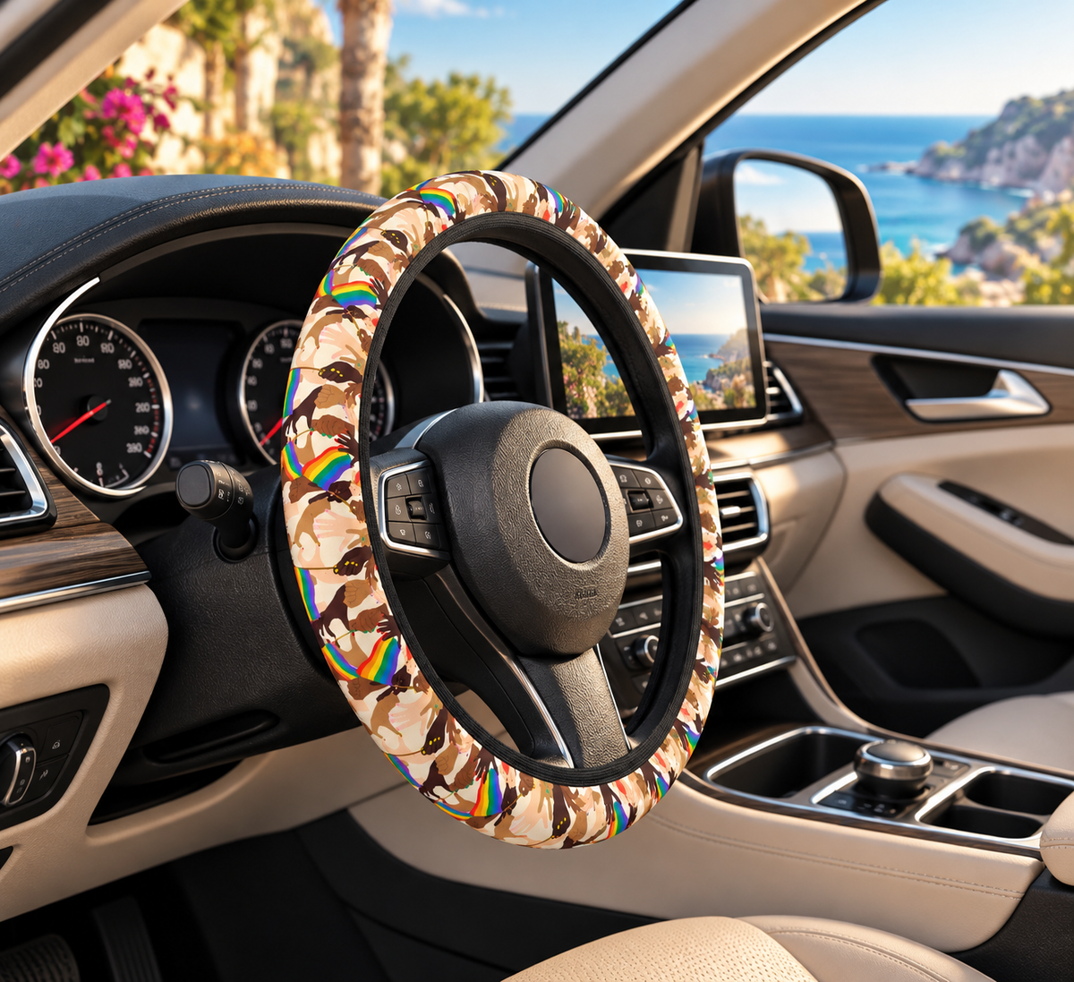 Pride flag hands steering wheel cover shown in a car interior