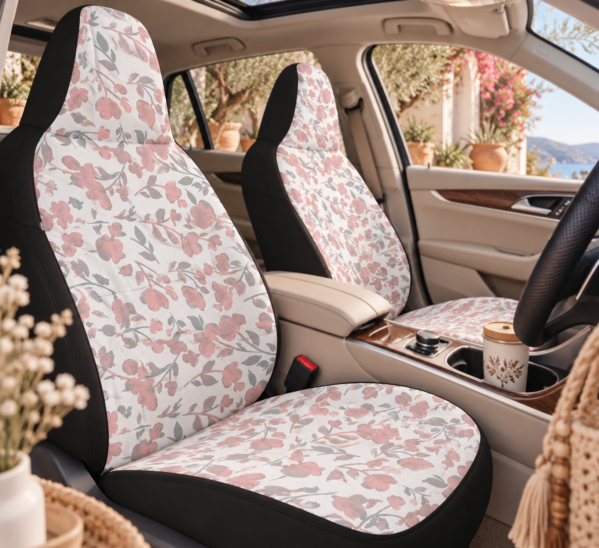 Purple floral boho car seat covers shown in a car interior