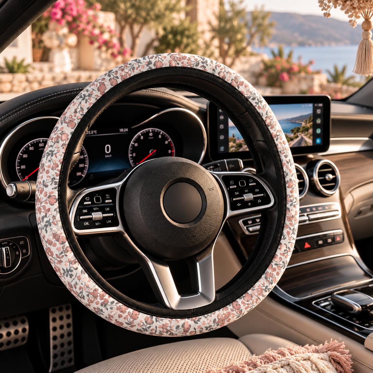 Purple floral boho steering wheel cover shown in a car interior