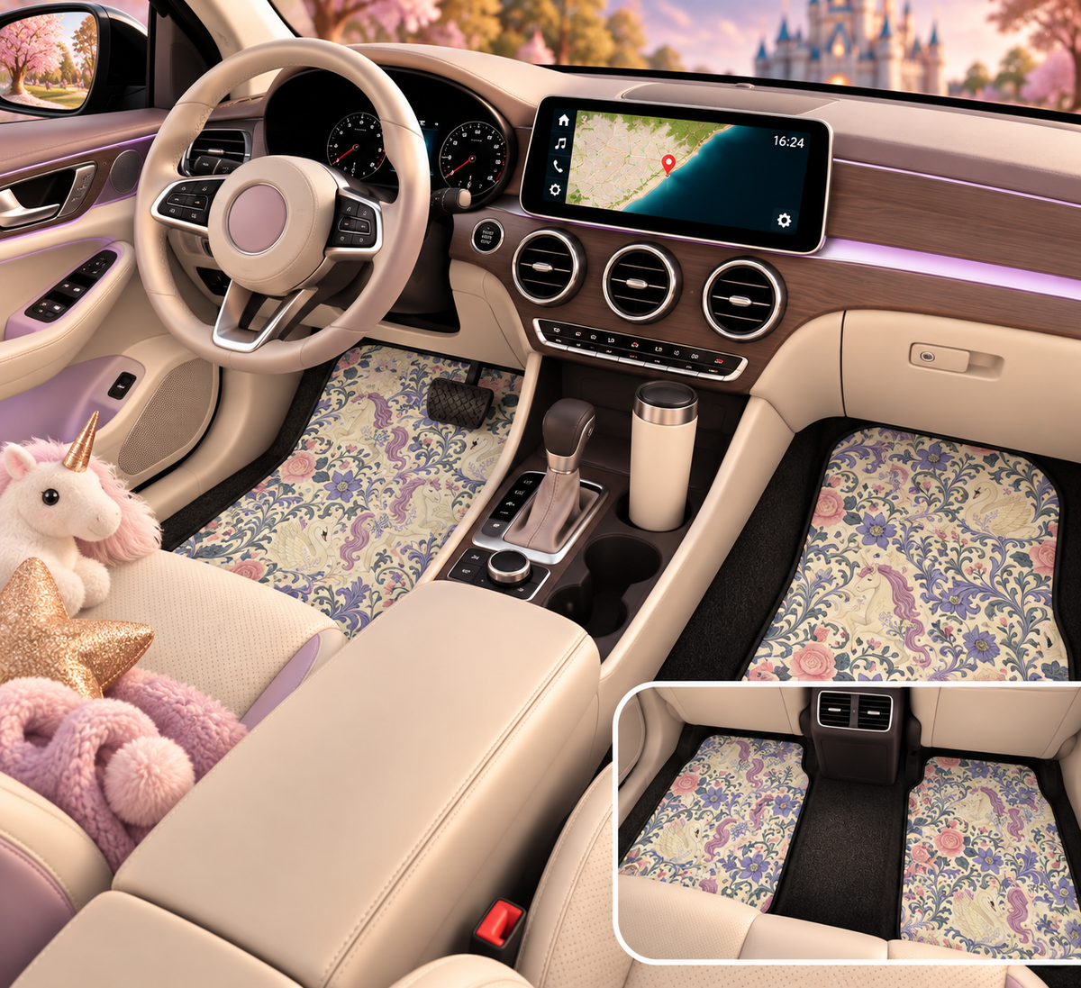 Purple unicorn swan car mats shown in a car interior