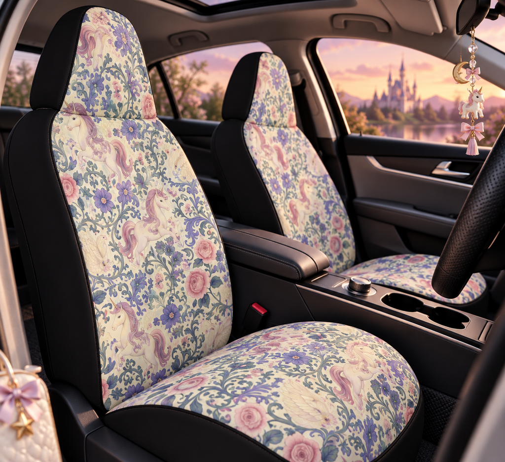 Purple unicorn swan car seat covers shown in a car interior