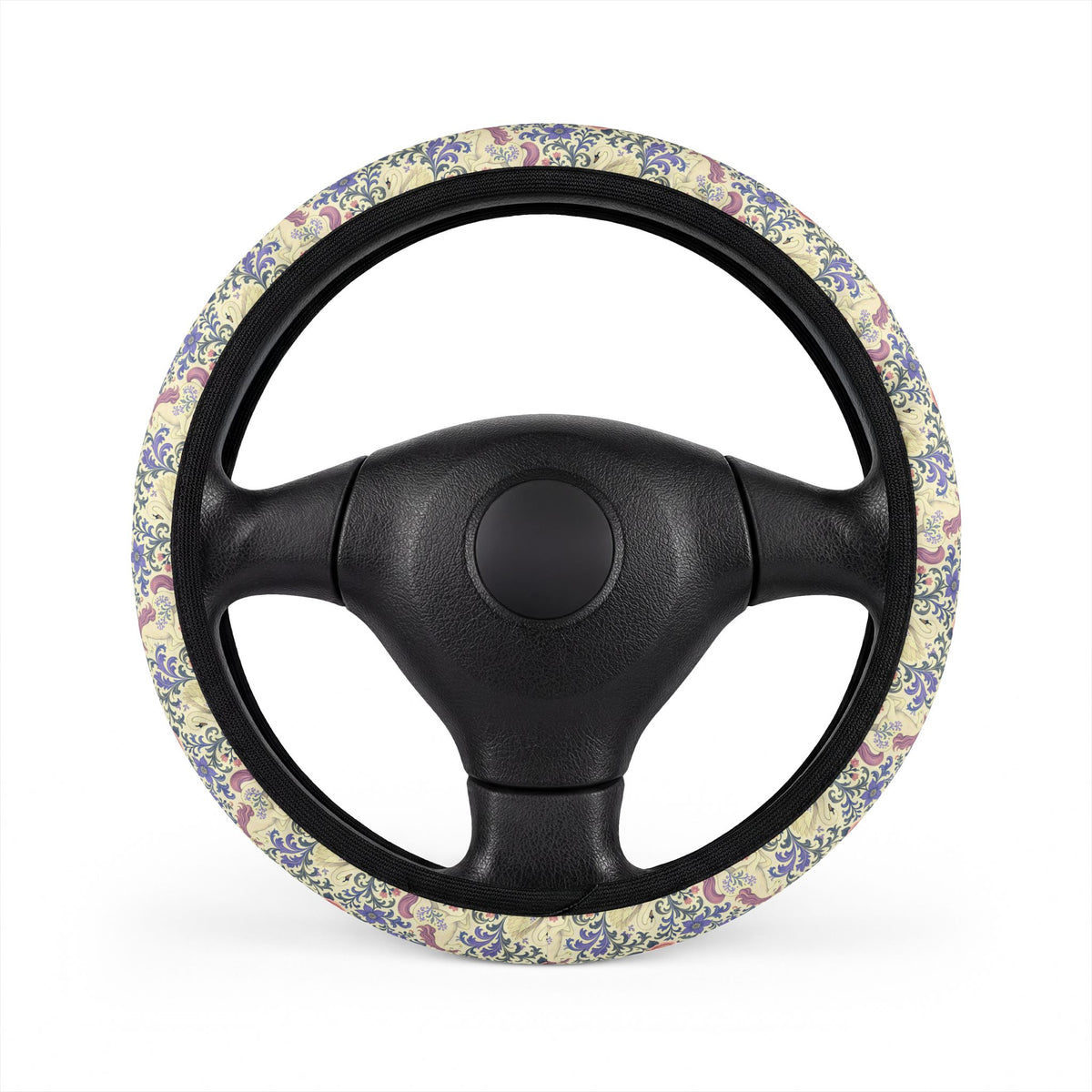 Purple unicorn swan steering wheel cover, on a steering wheel