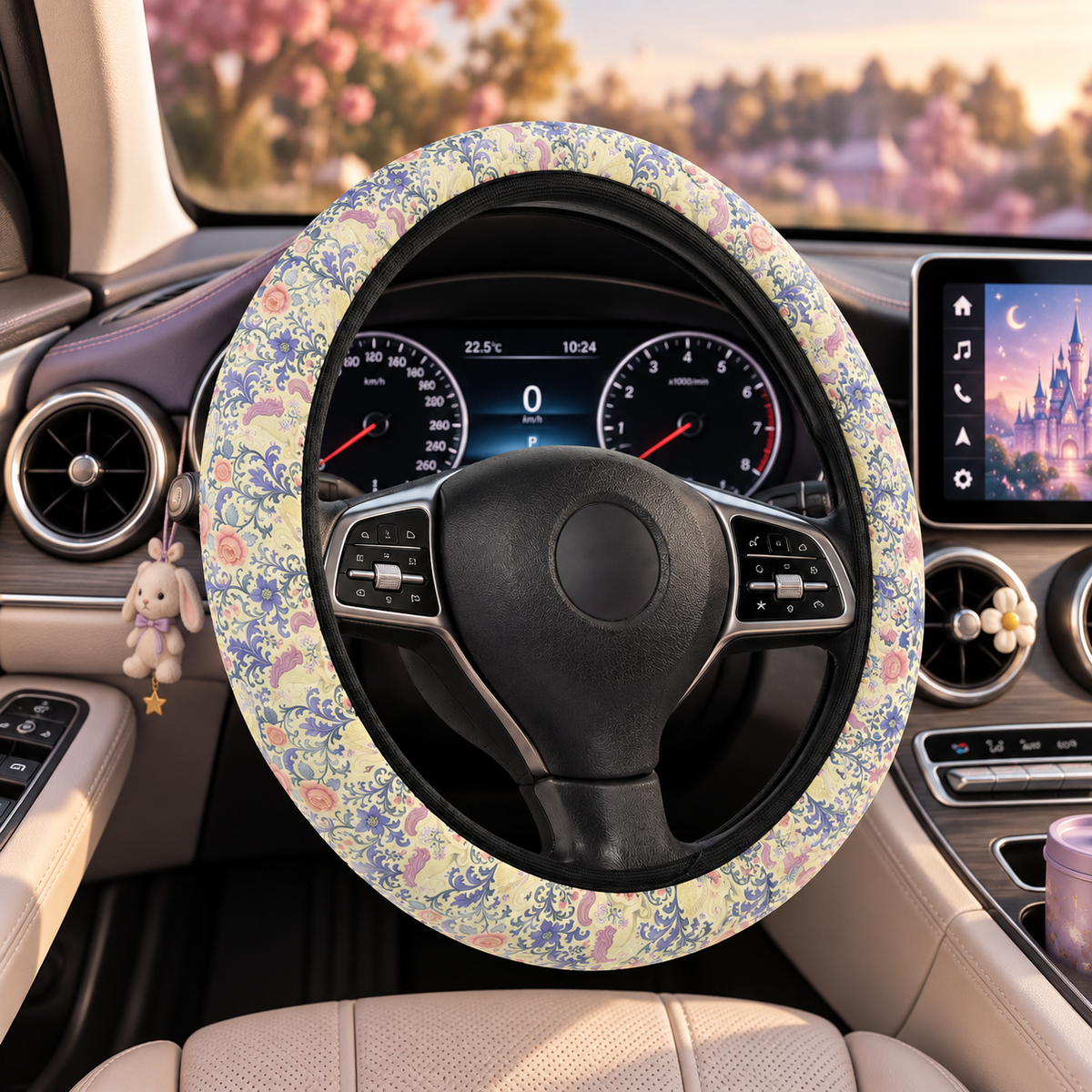 Purple unicorn swan steering wheel cover shown in a car interior
