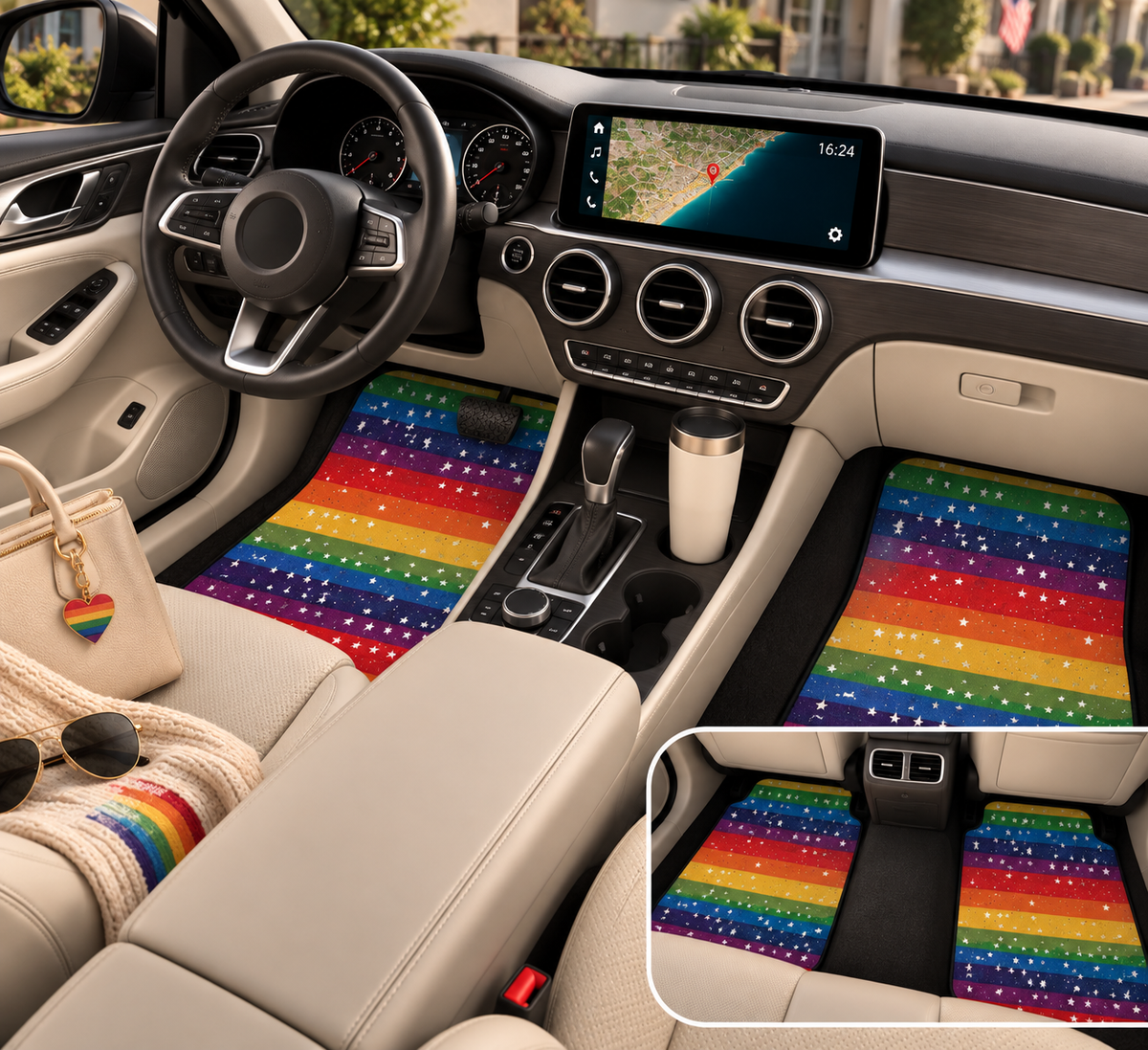 Rainbow American flag car mats shown in a car interior