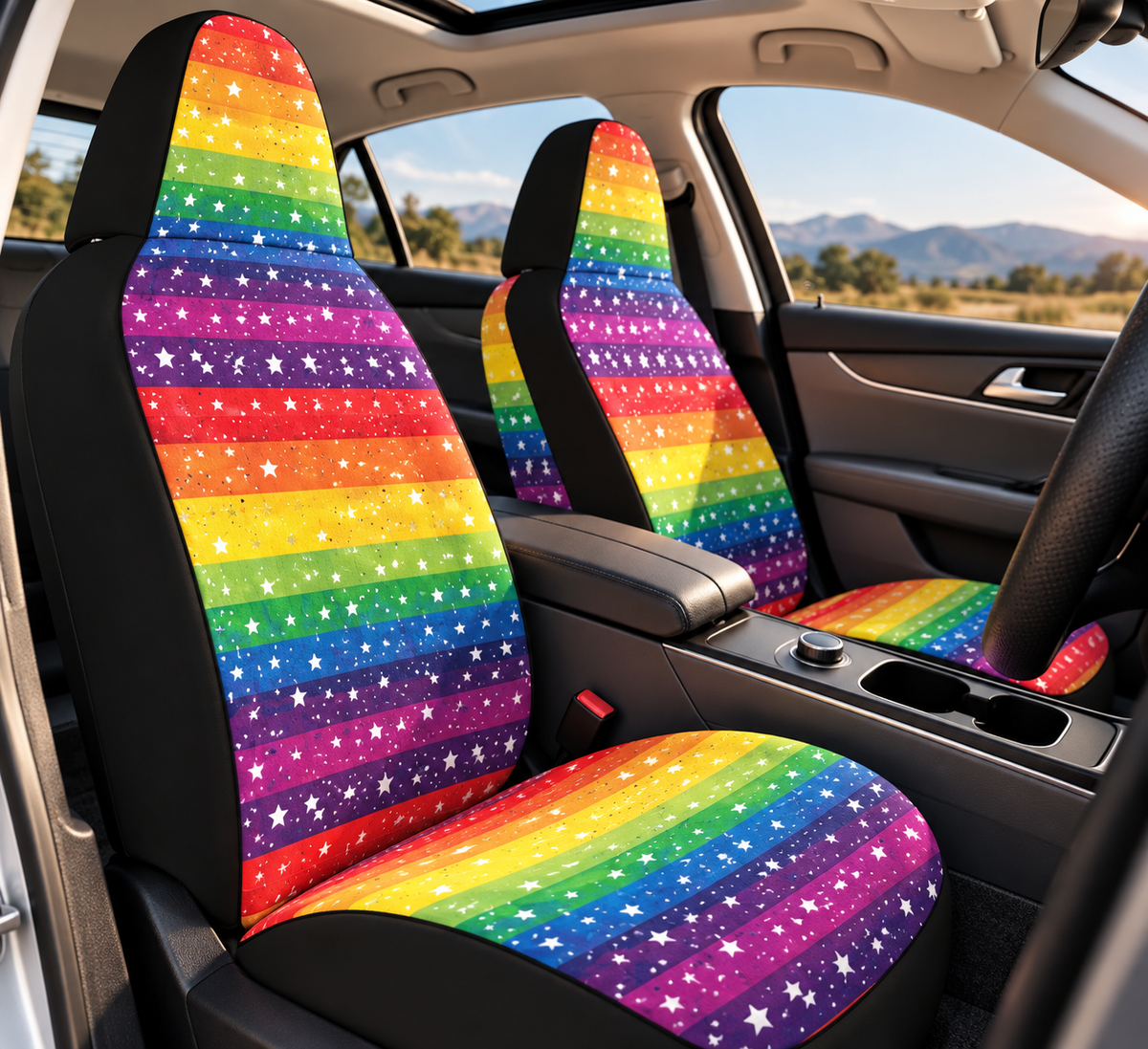 Rainbow American flag car seat covers shown in a car interior