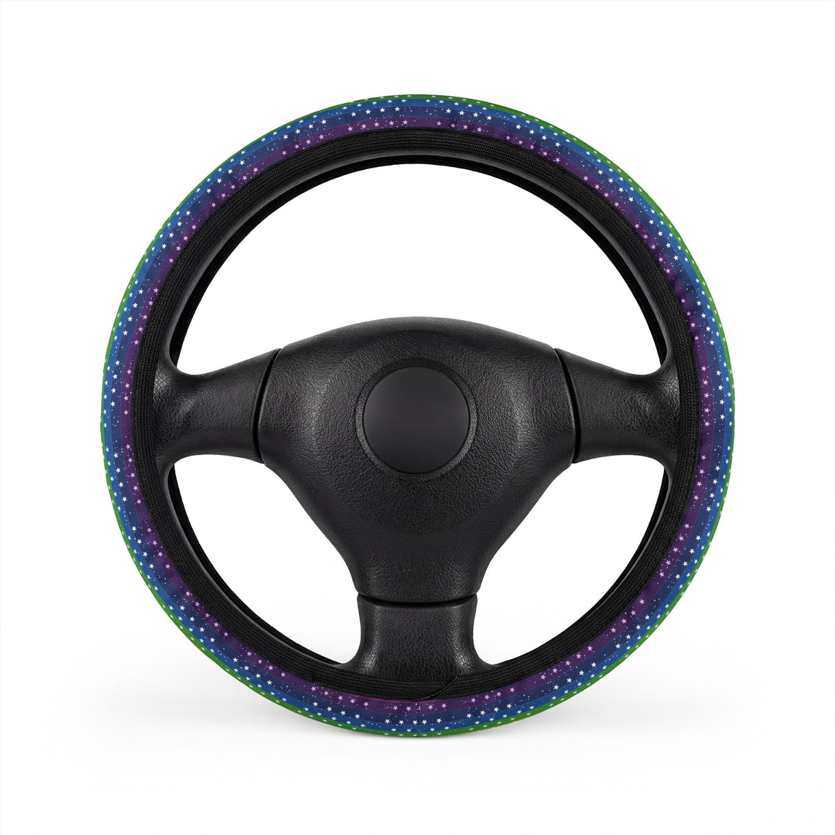 Rainbow American flag steering wheel cover, on a steering wheel