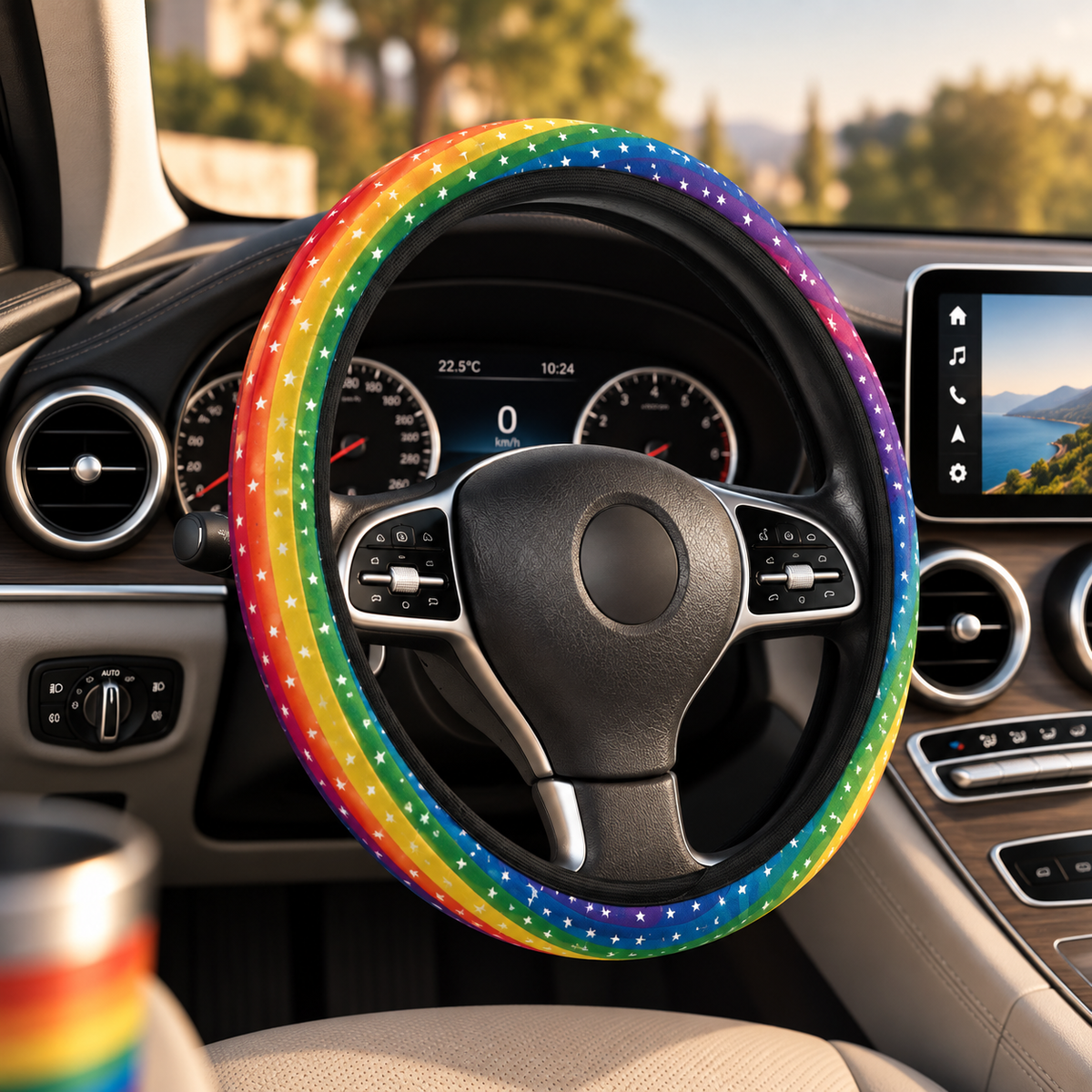 Rainbow American flag steering wheel cover shown in a car interior