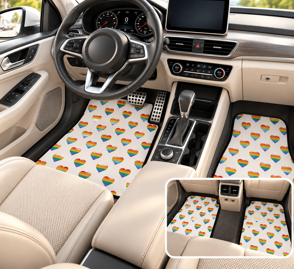 Rainbow heart pride car mats shown in a car interior