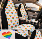 Rainbow heart pride car seat covers shown in a car interior