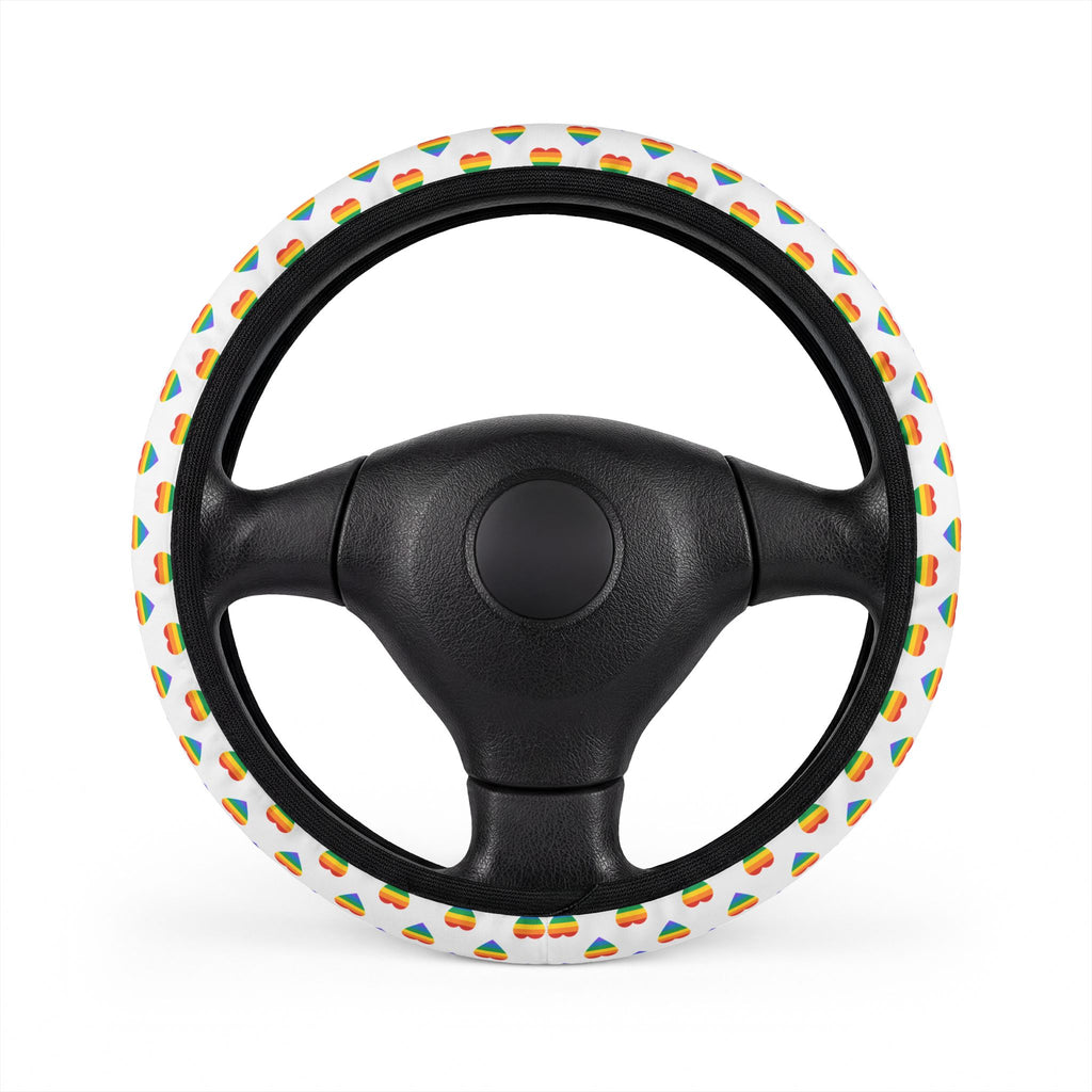 Rainbow heart pride steering wheel cover, on a steering wheel