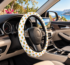 Rainbow heart pride steering wheel cover shown in a car interior