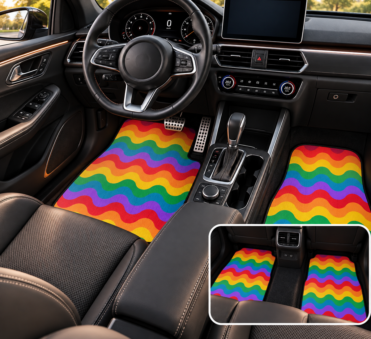 Rainbow wave pride car mats shown in a car interior
