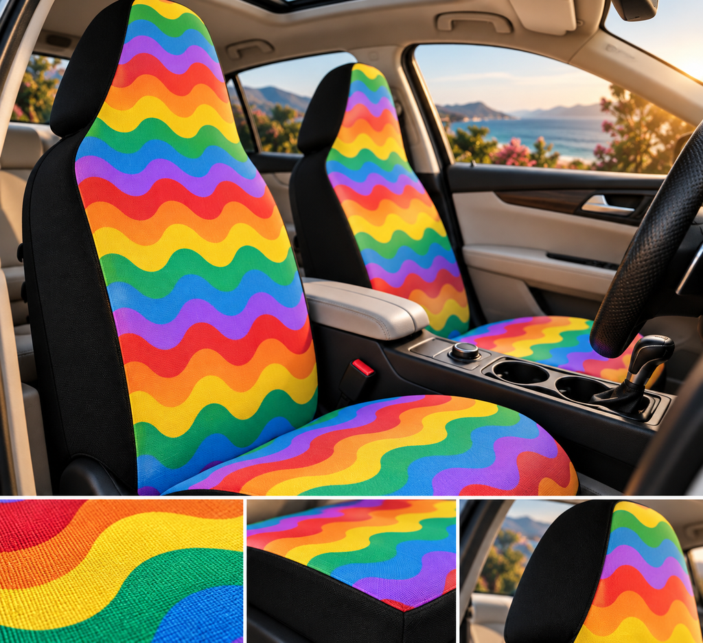 Rainbow wave pride car seat covers shown in a car interior