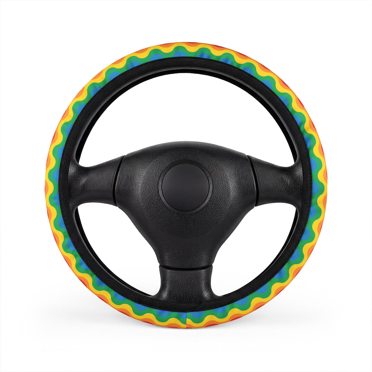 Rainbow wave pride steering wheel cover, on a steering wheel
