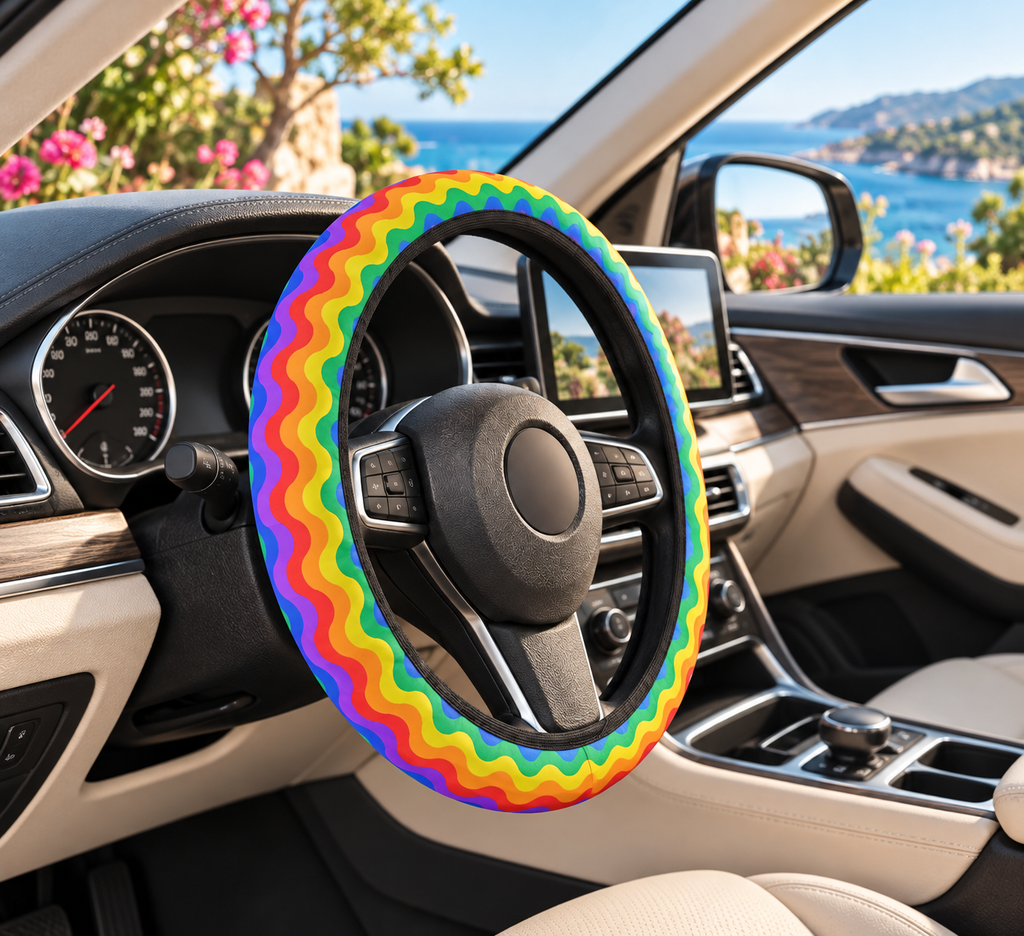 Rainbow wave pride steering wheel cover shown in a car interior