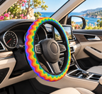 Rainbow wave pride steering wheel cover shown in a car interior
