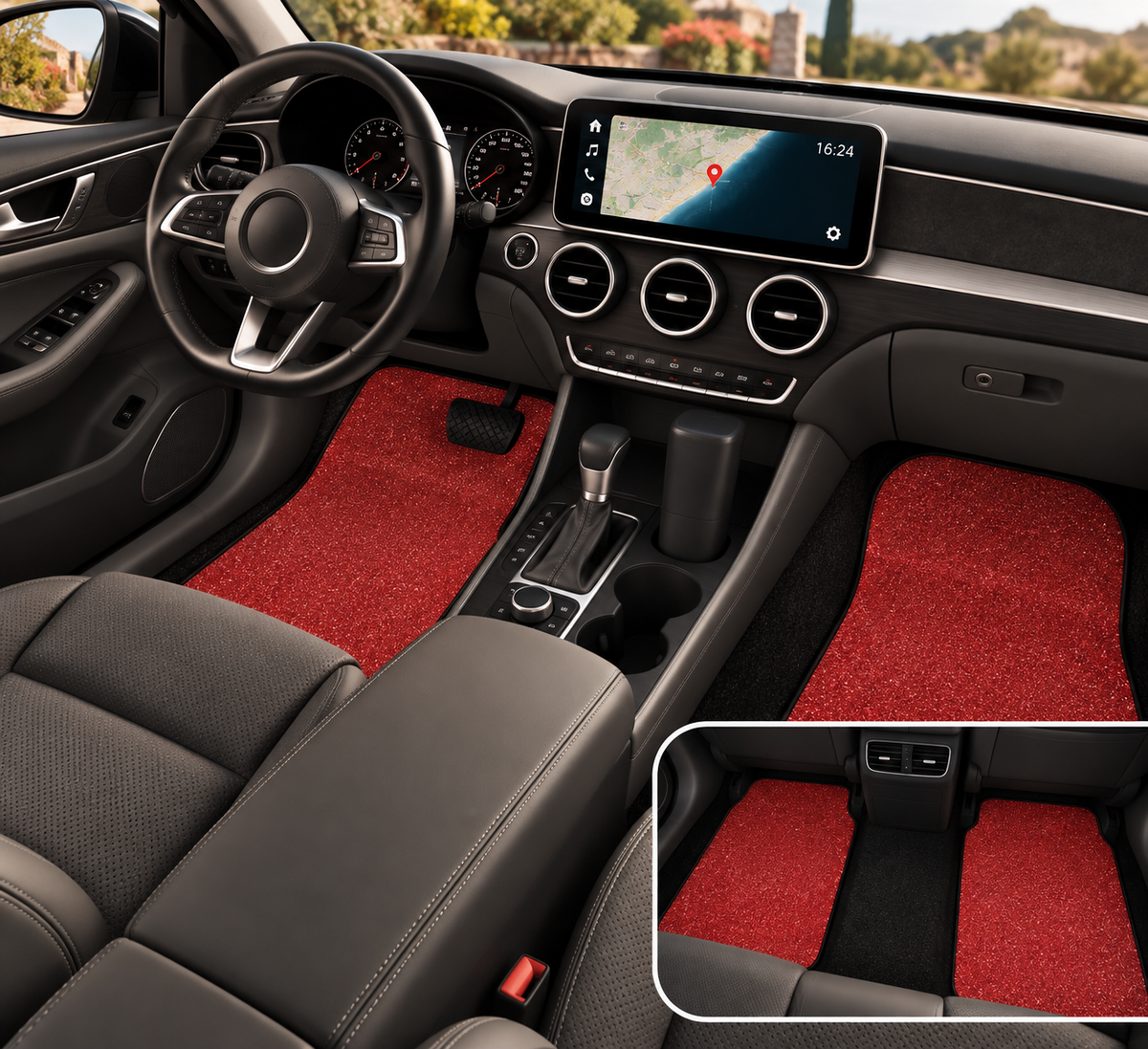 Red rainbow glitter car mats shown in a car interior