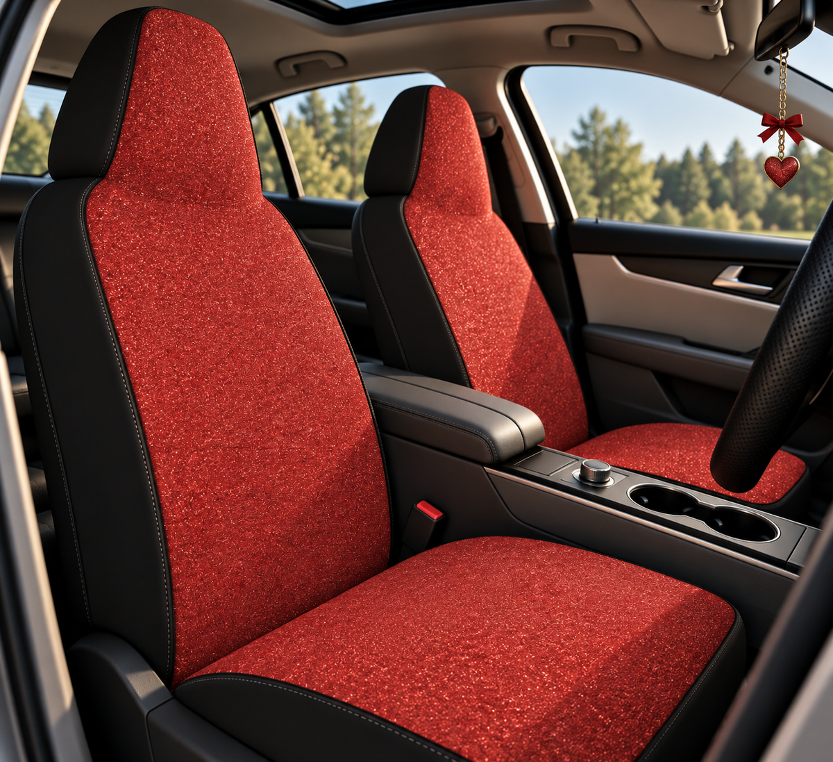Red rainbow glitter car seat covers shown in a car interior