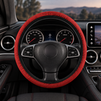 Red rainbow glitter steering wheel cover shown in a car interior