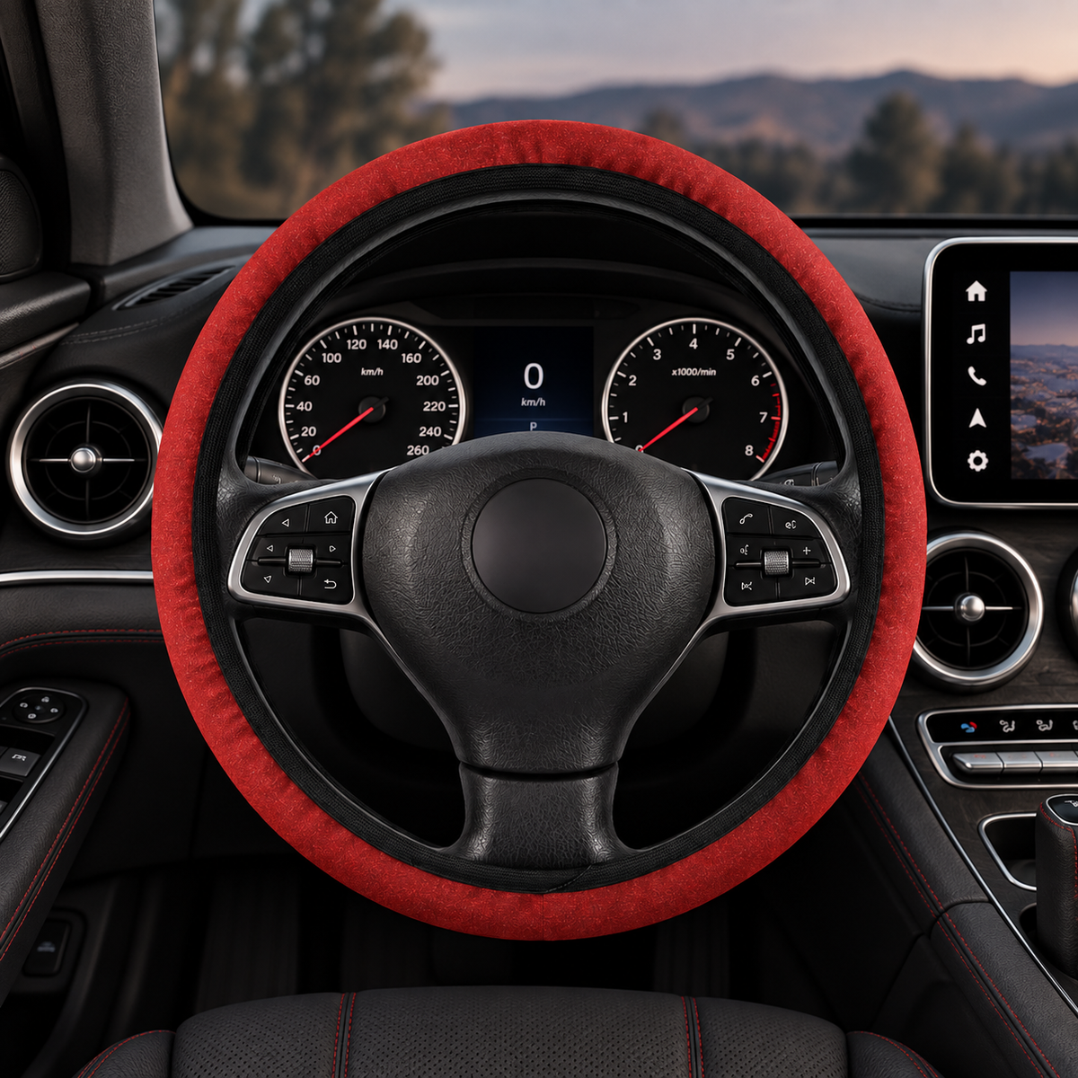 Red rainbow glitter steering wheel cover shown in a car interior