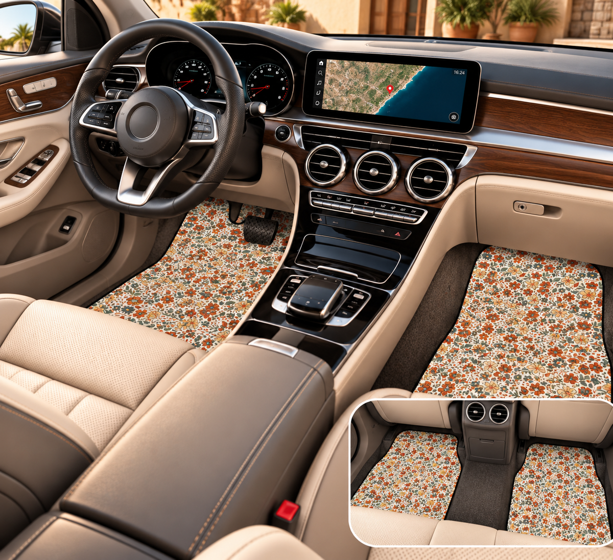 Retro flower print car mats shown in a car interior