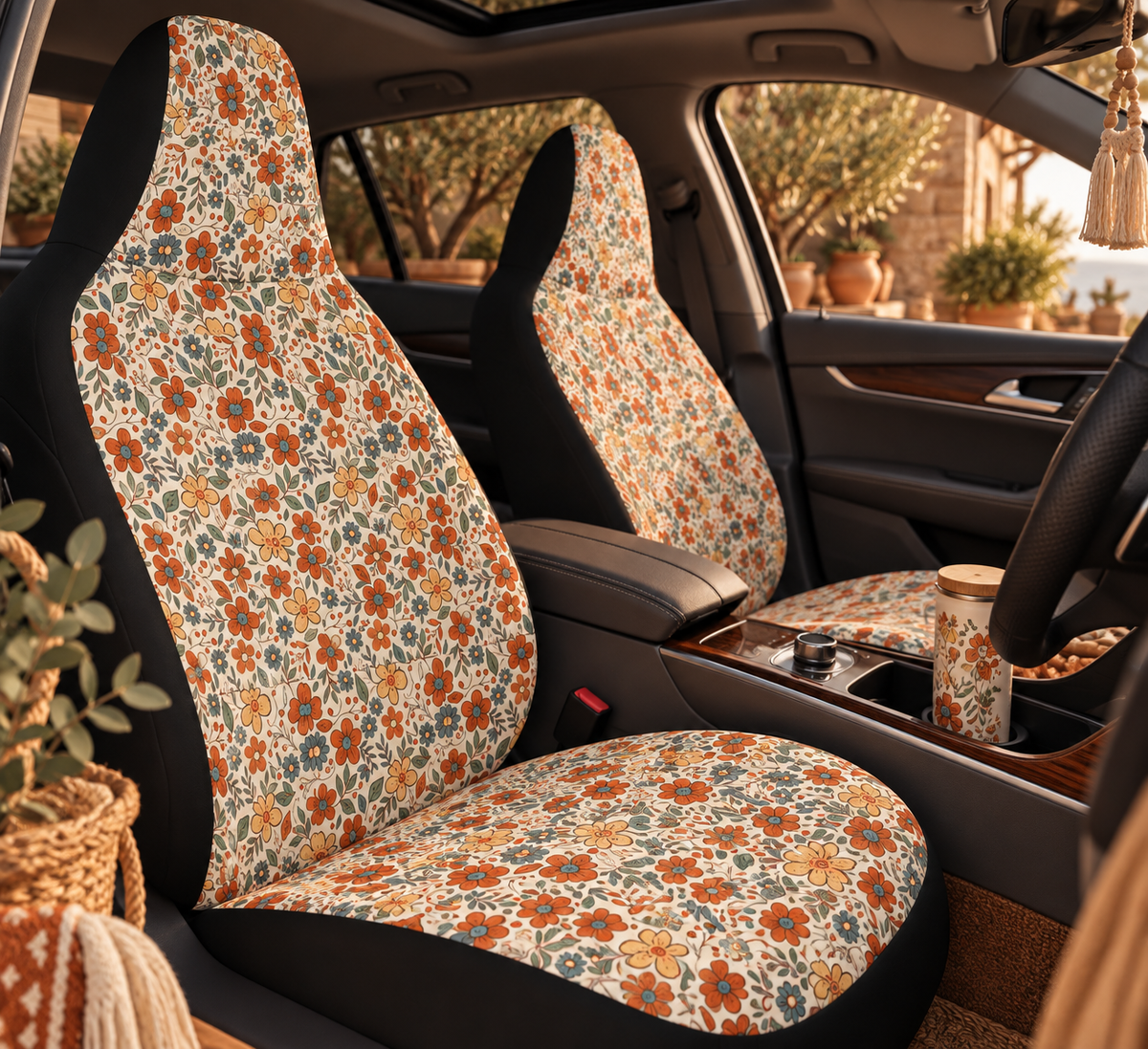 Retro flower print car seat covers shown in a car interior