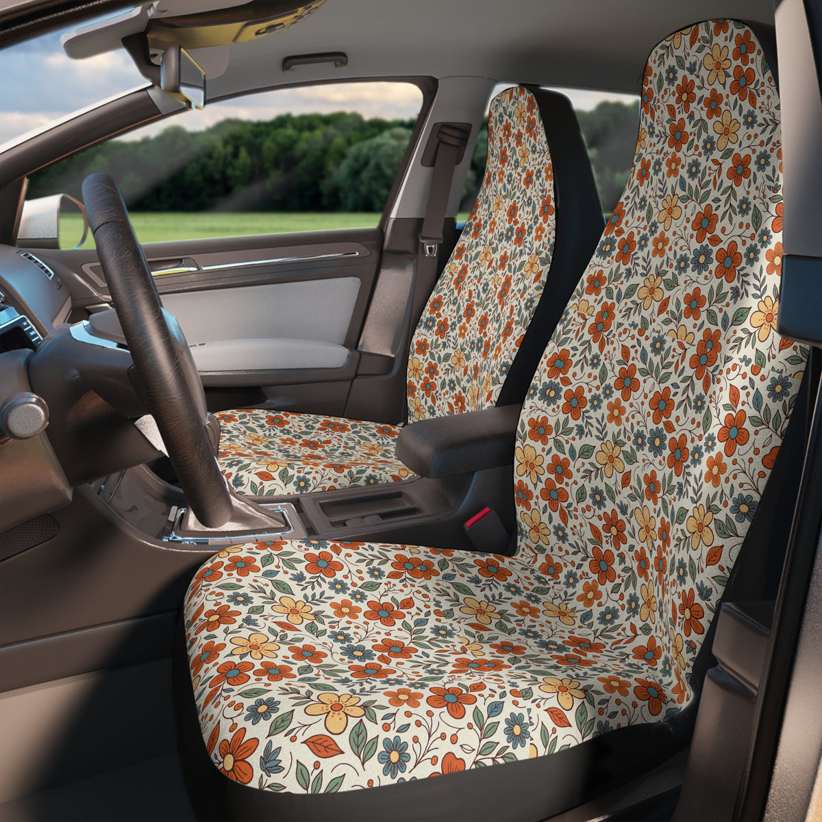Retro flower print car seat covers, product view 3