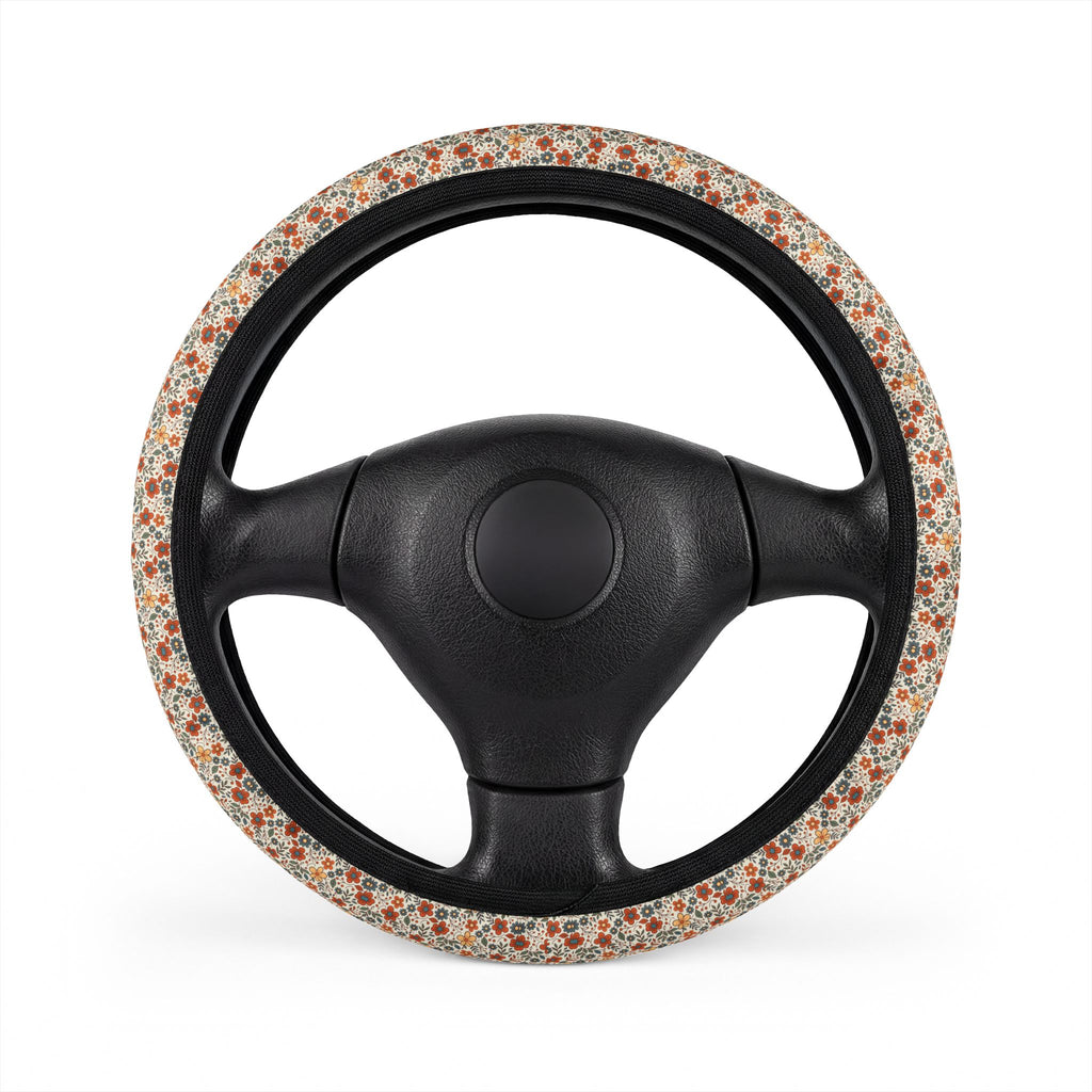 Retro flower print steering wheel cover, on a steering wheel
