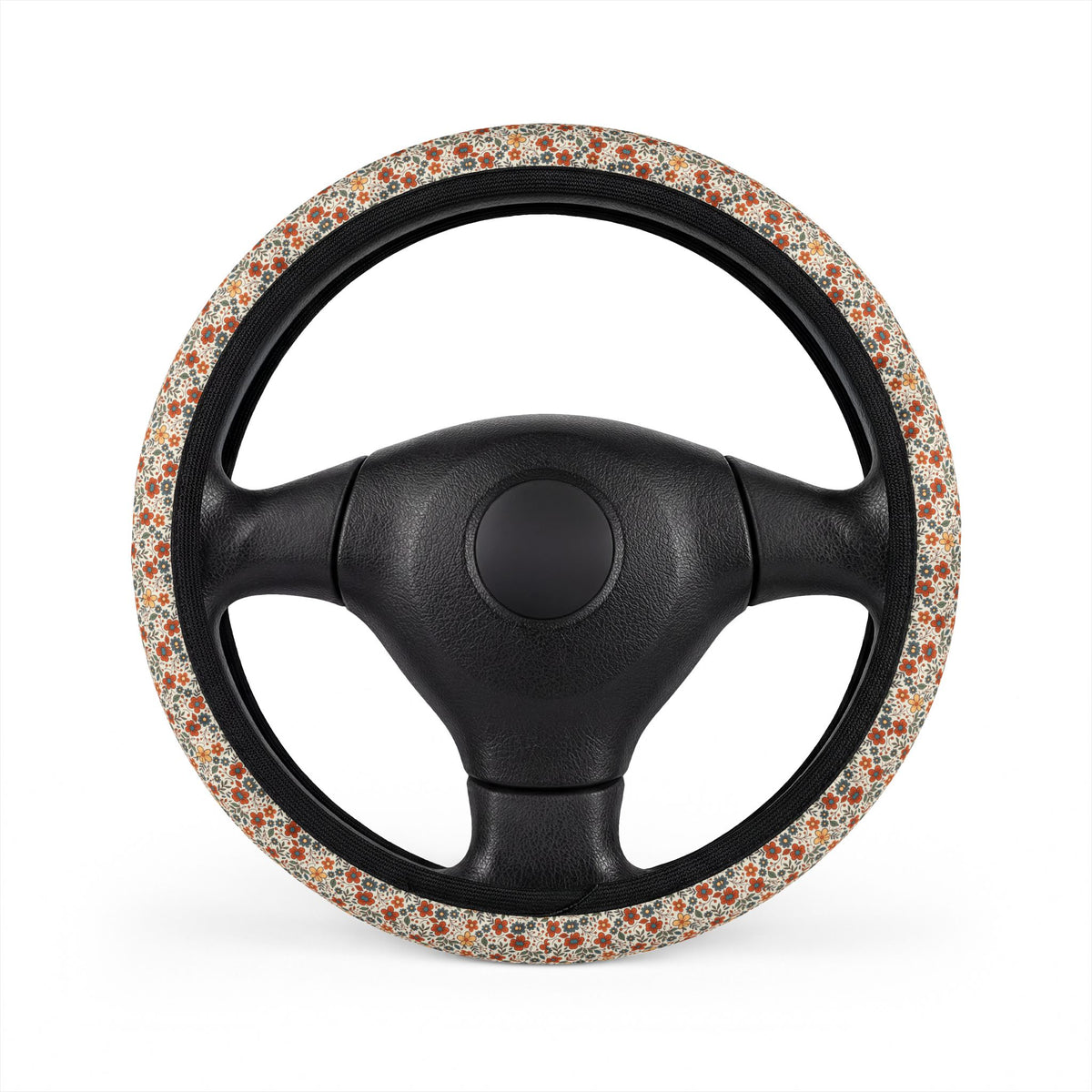 Retro flower print steering wheel cover, on a steering wheel