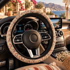 Retro flower print steering wheel cover shown in a car interior