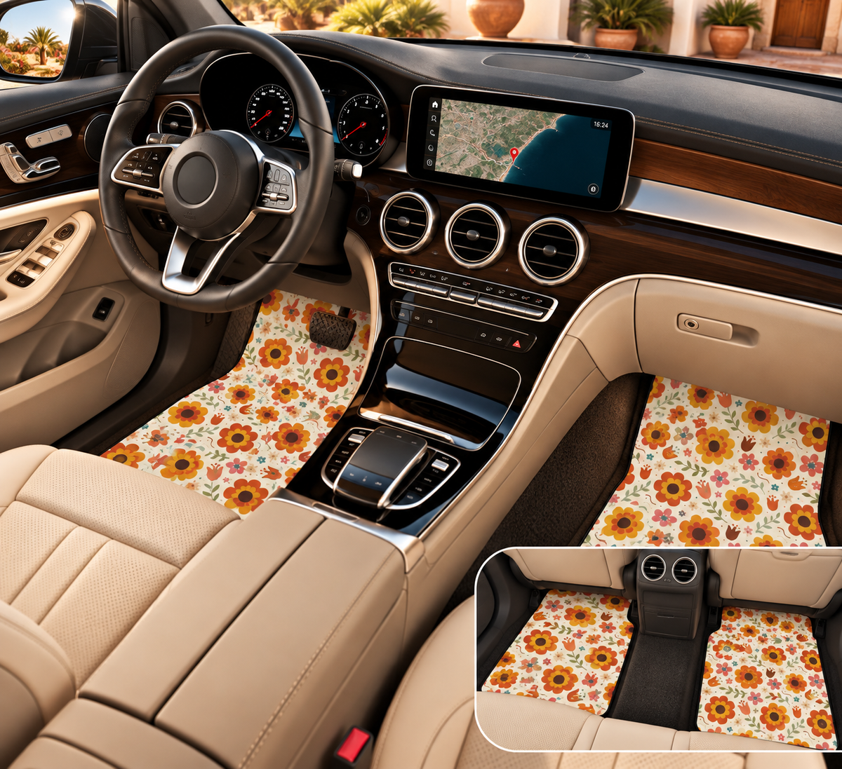 Retro orange flower print car mats shown in a car interior