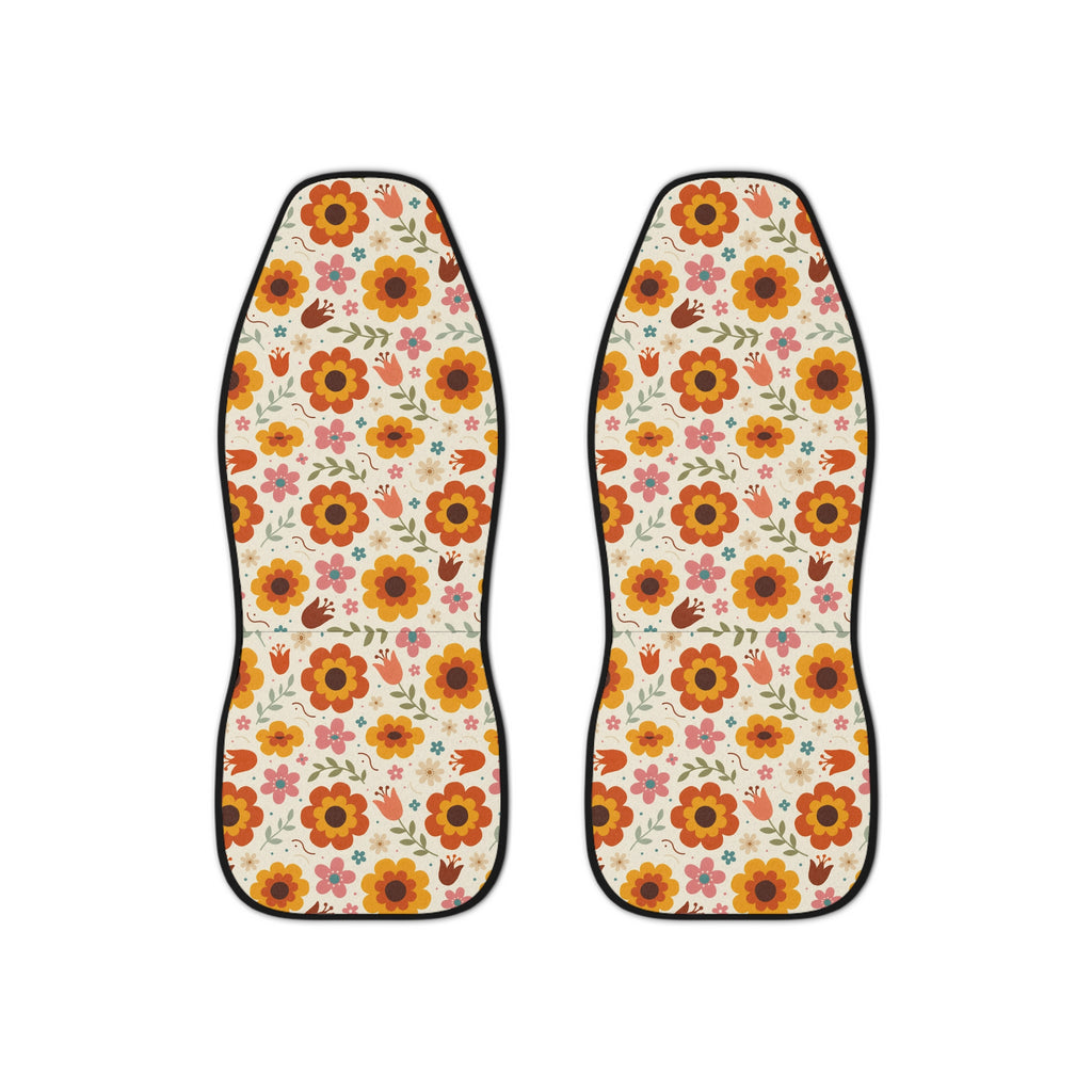 Retro orange flower print car seat covers, set of two front seat covers