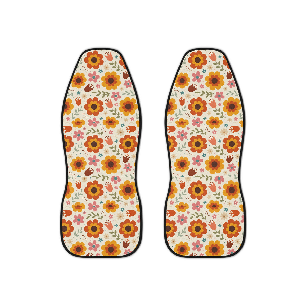 Retro orange flower print car seat covers, set of two front seat covers