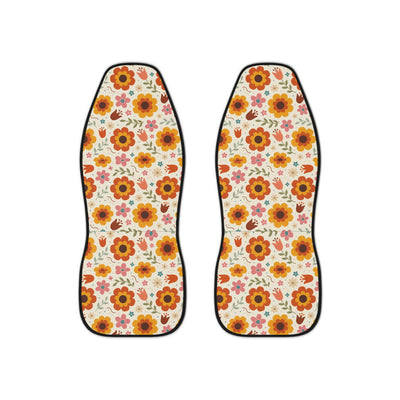 Retro orange flower print car seat covers, set of two front seat covers