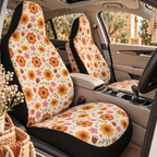 Retro orange flower print car seat covers shown in a car interior