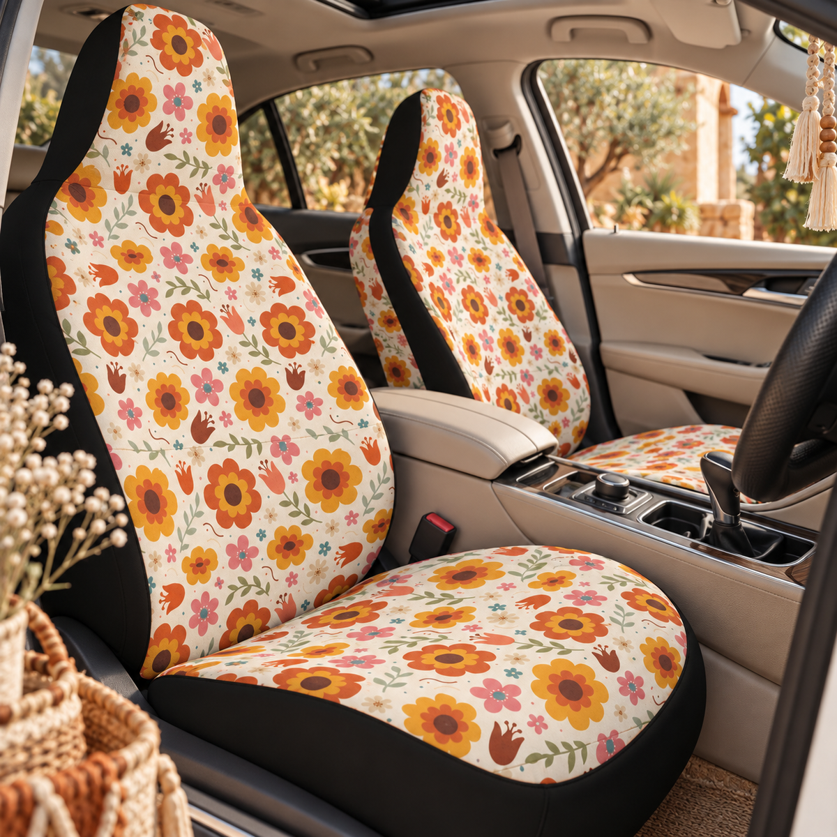 Retro orange flower print car seat covers shown in a car interior